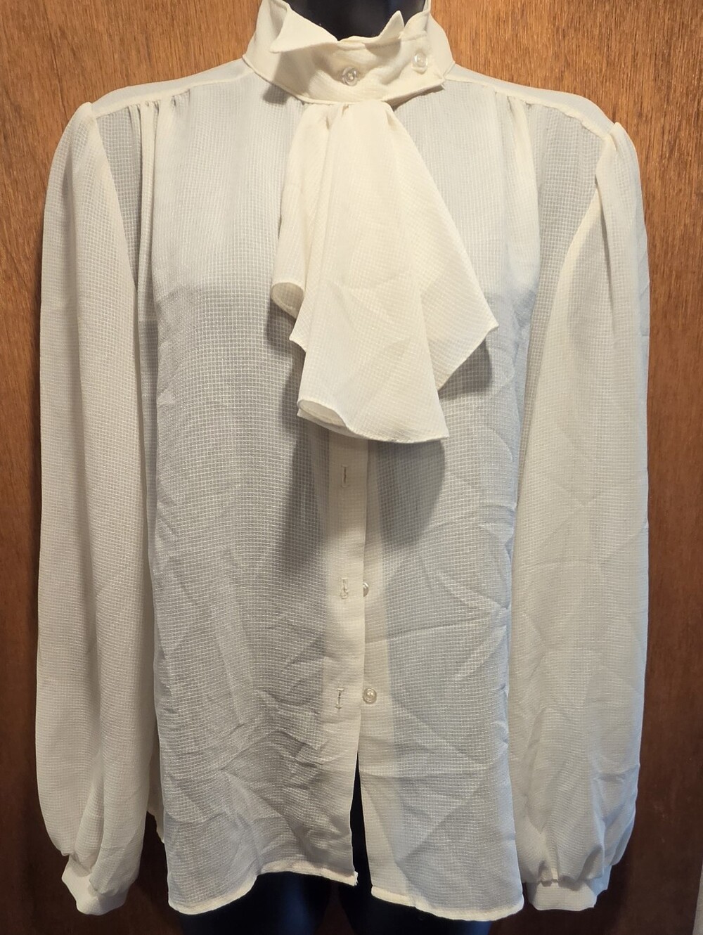 Cream Tie-Neck Blouse Classic Women's Vintage Sheer Top SzM - Picture 2 of 7